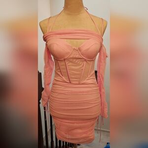 NWT Oh Polly Pink Chiffon Ruched Corset Mini Dress w Sheer Lace Up Sleeves.